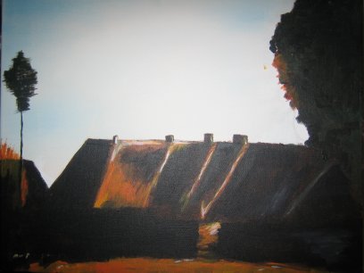 Een rijtje boerenhuizen, Drenthe.