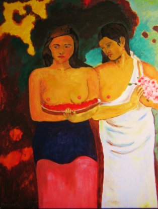 Tahitiaanse vrouwen met Mangobloesems